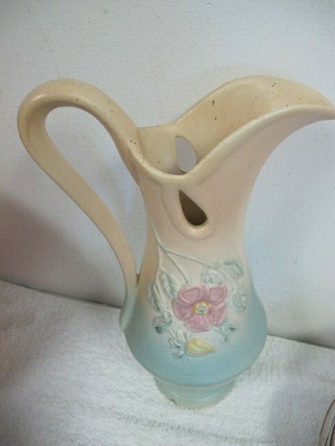 VINTAGE HULL Art Pottery Dogwood Blue Pink Ewer Vase Pitcher 11.5 Inches FLAWS