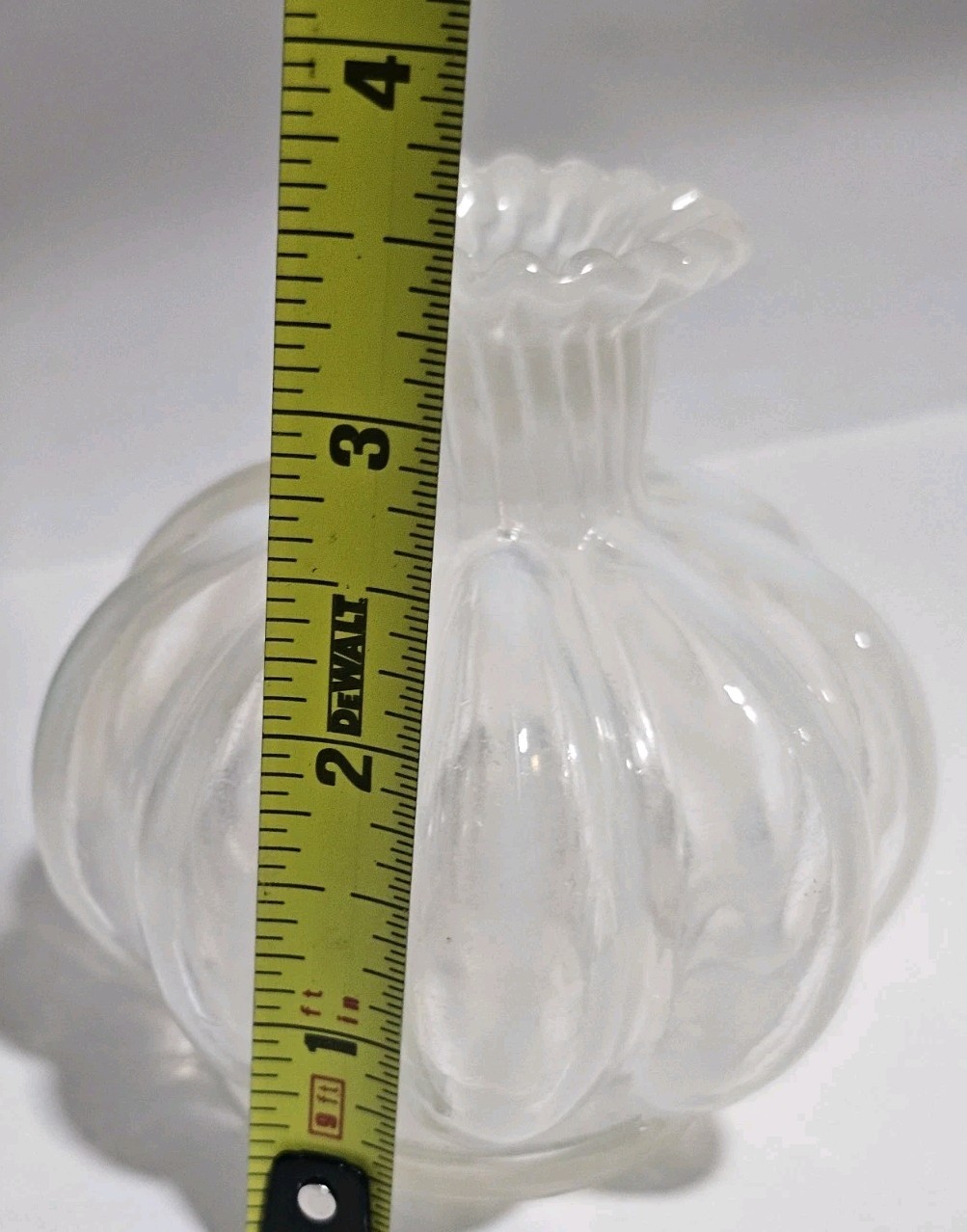 Clear Art Glass Vanity Bud Vase Ruffle Top White Stripes Accents Melon Shape