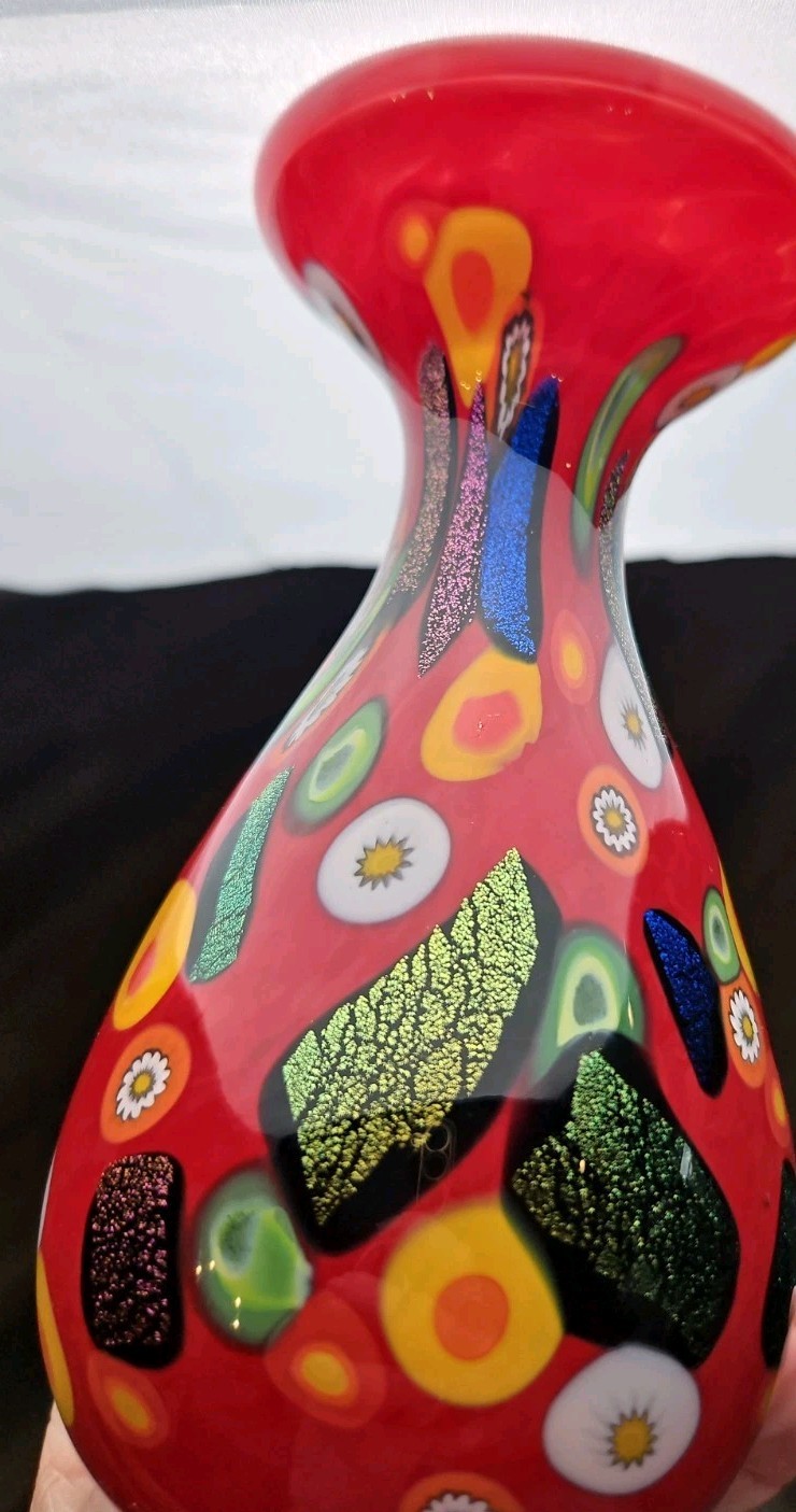 Murano-Style, Millefiori Hand Blown Red Art glass vase Perfume Bottle 7″
