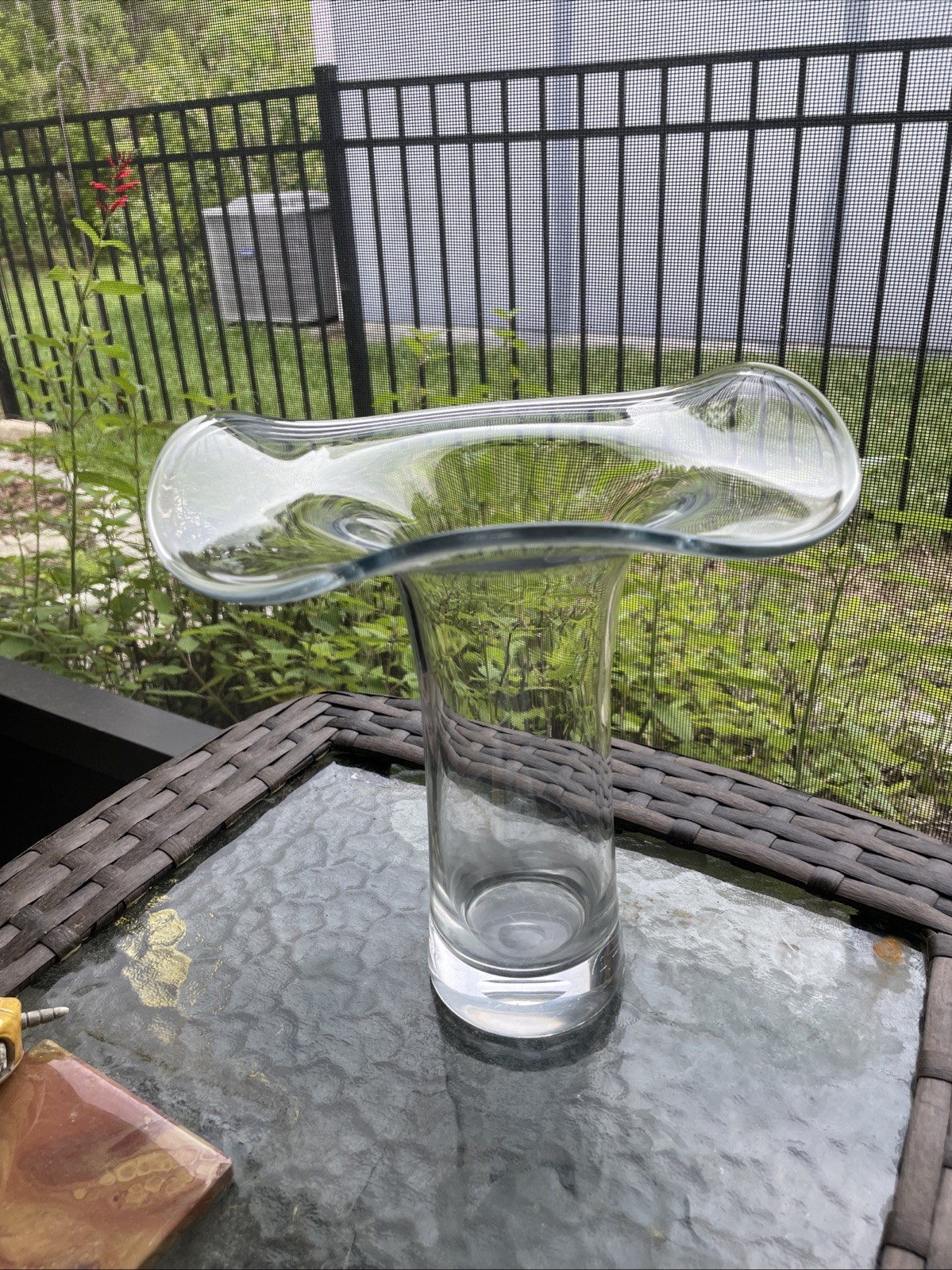 hand Blown Clear Glass Vase, MCM Ruffled Scalloped Top