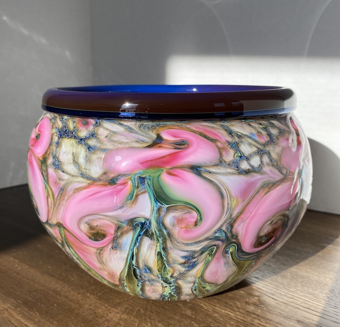 Charles Lotton Floral Iris Art Glass Bowl, Hand Blown, Artist Signed 2014