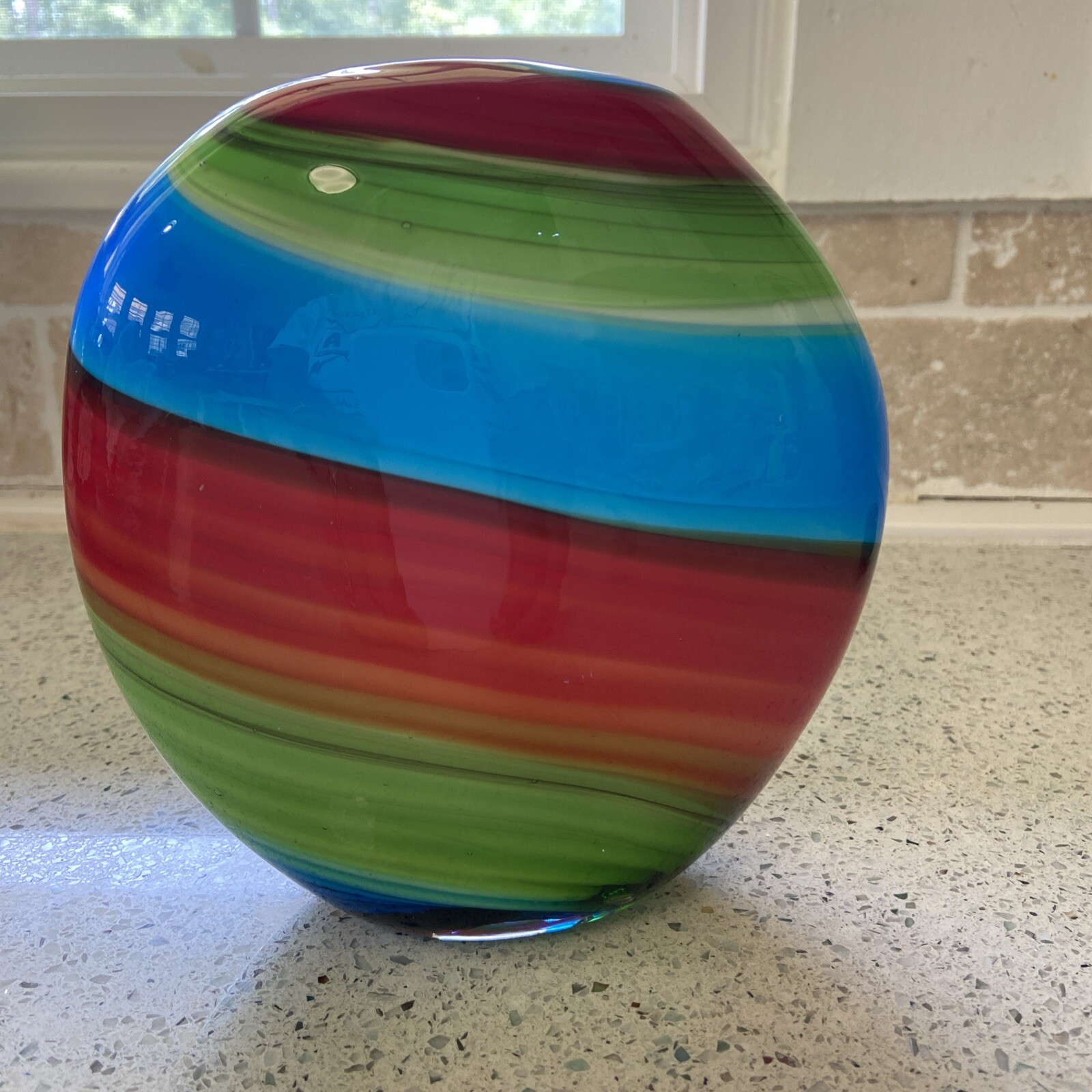 Murano Hand Blown Blue Red Cased Colorful Swirl Art Glass Multicolor 6 Inches