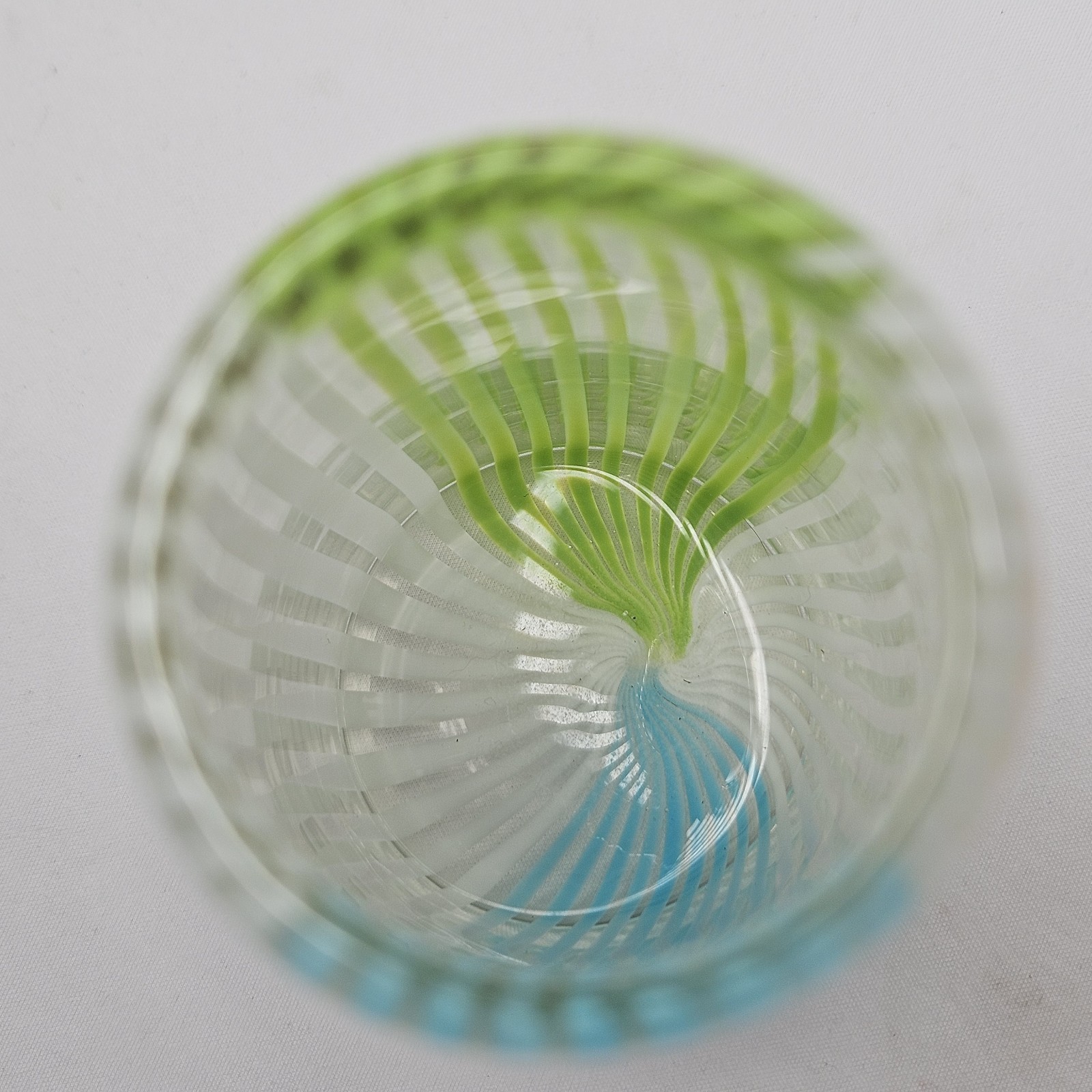 8.5″ Hand Blown Art Glass Vase – Blue White Green Stripe Swirl MCM Murano Style