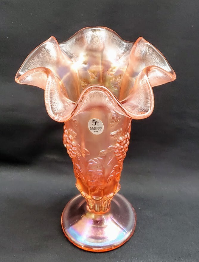 Fenton Pink Iridescent Glass Ruffled Vase Embossed Grapes Footed 7 5/8″