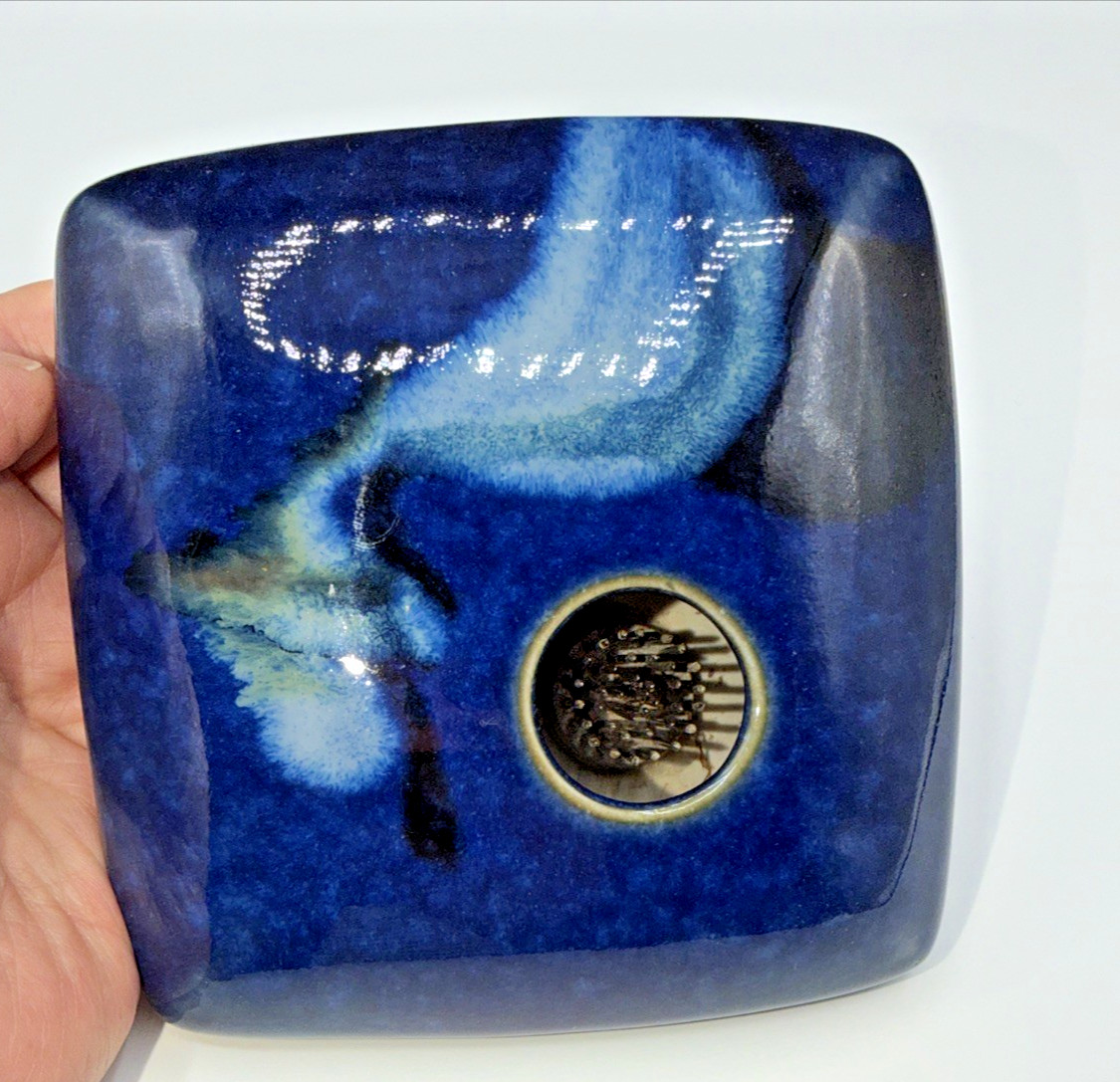 Georgetown Pottery Ikebana Vase Blue Square Shape Signed Spike Flower Frog 5×5