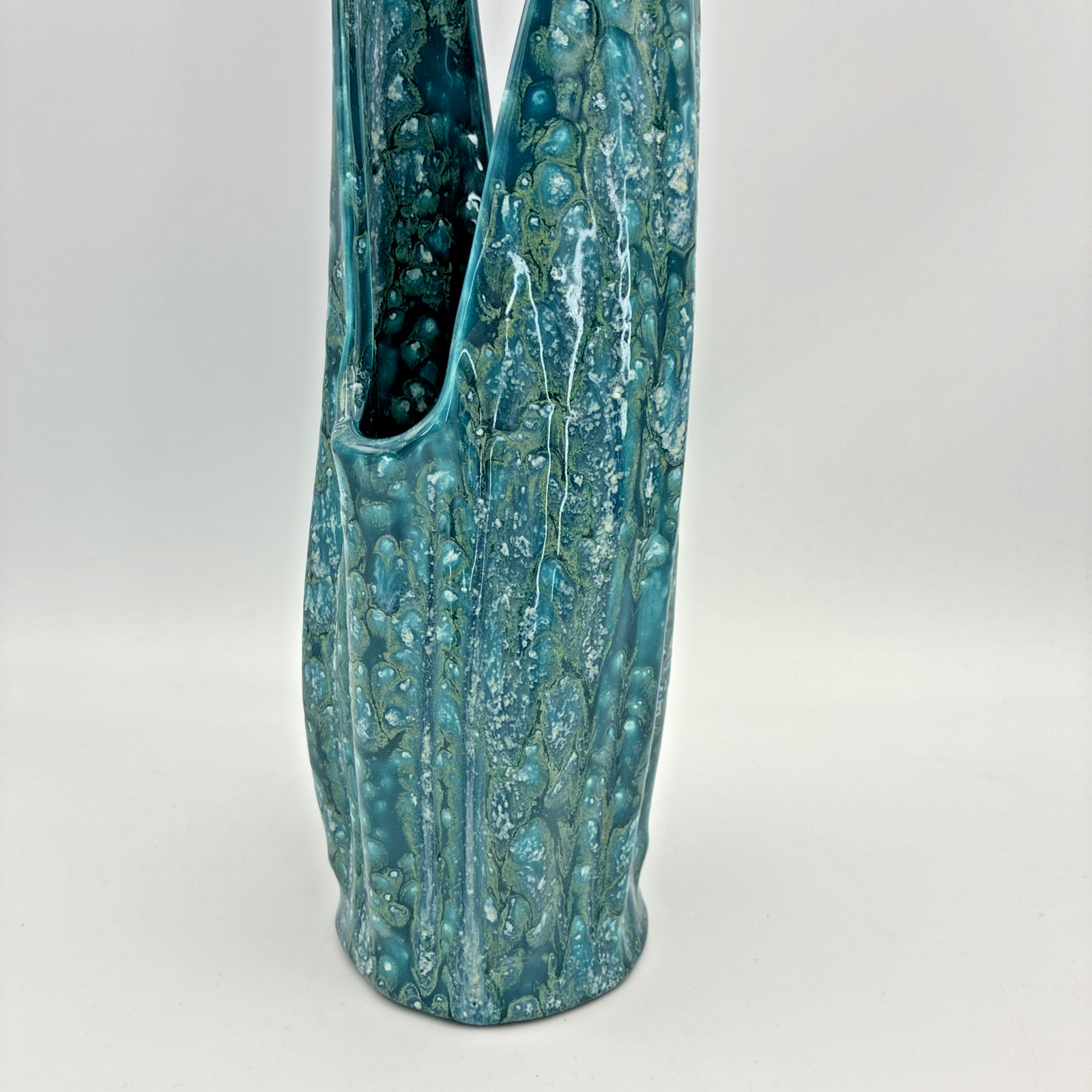 Vintage MCM Studio Pottery Teal Lava Glaze Flame Vase Signed Thelma 1966 14″