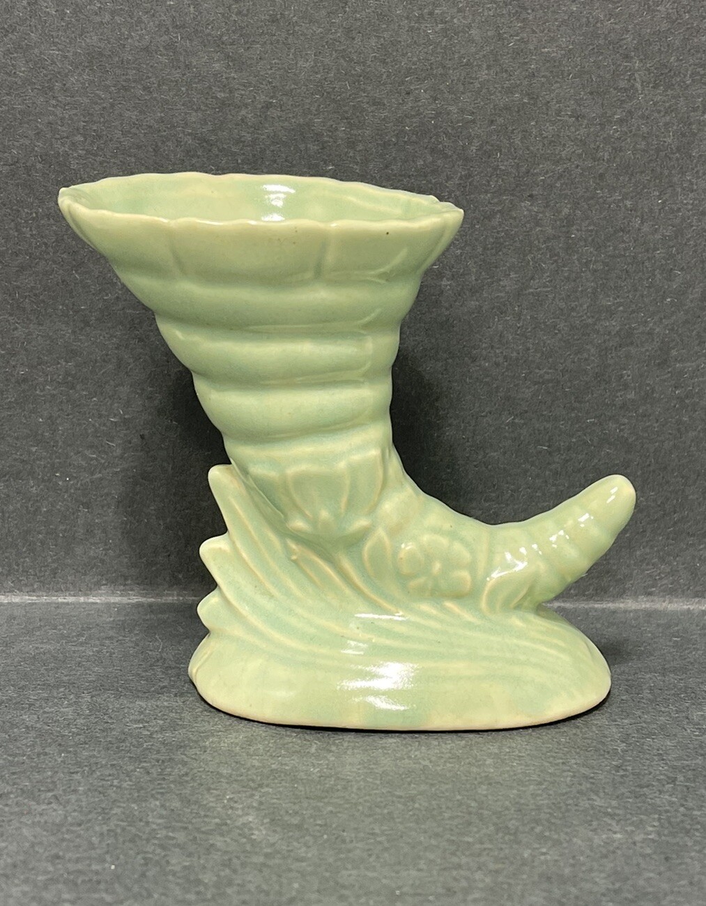 Pottery Cornucopia Vase Or Planter 1920 5 Inch tall 5 Inch wide Mint Green Color