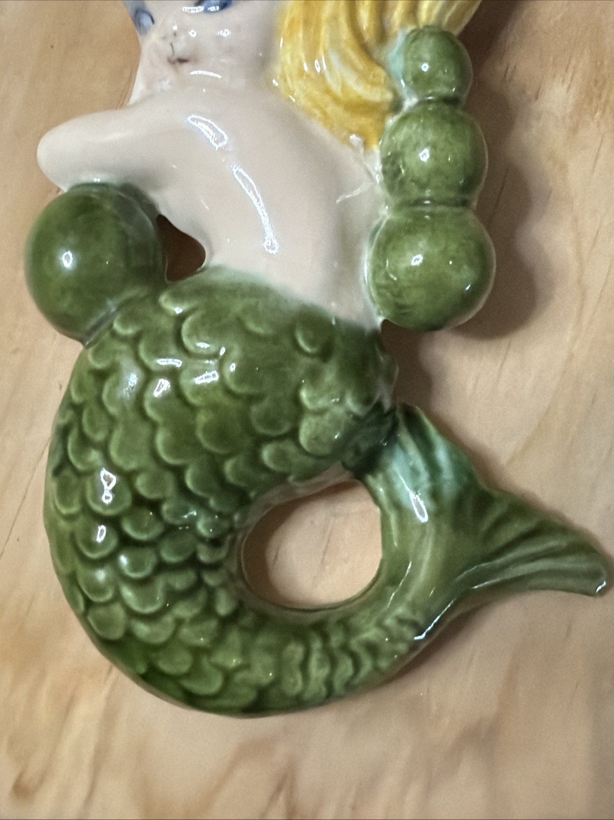Vintage Goode Mold Ceramic Mermaid Wall Pocket 1950’s Kitchy Blond Hair Green