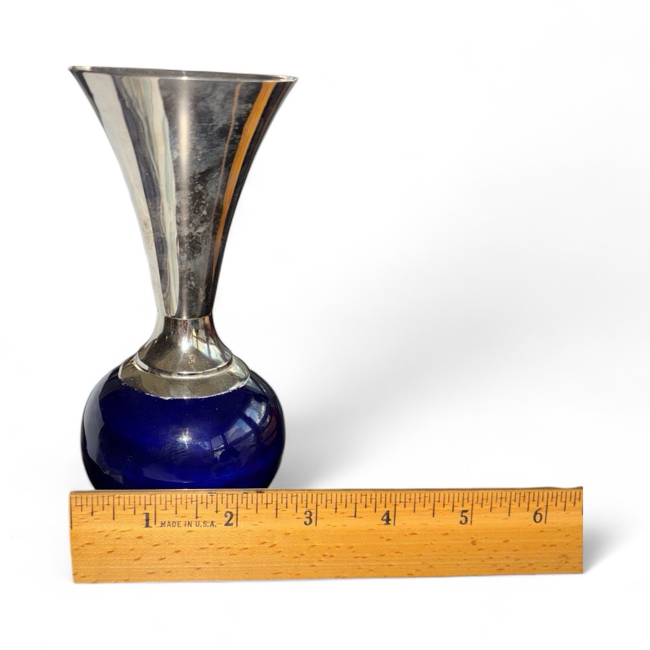 Vtg UCAGCO 6 inch Cobalt Blue Glass And Metal Bud Vase Holland Original Sticker