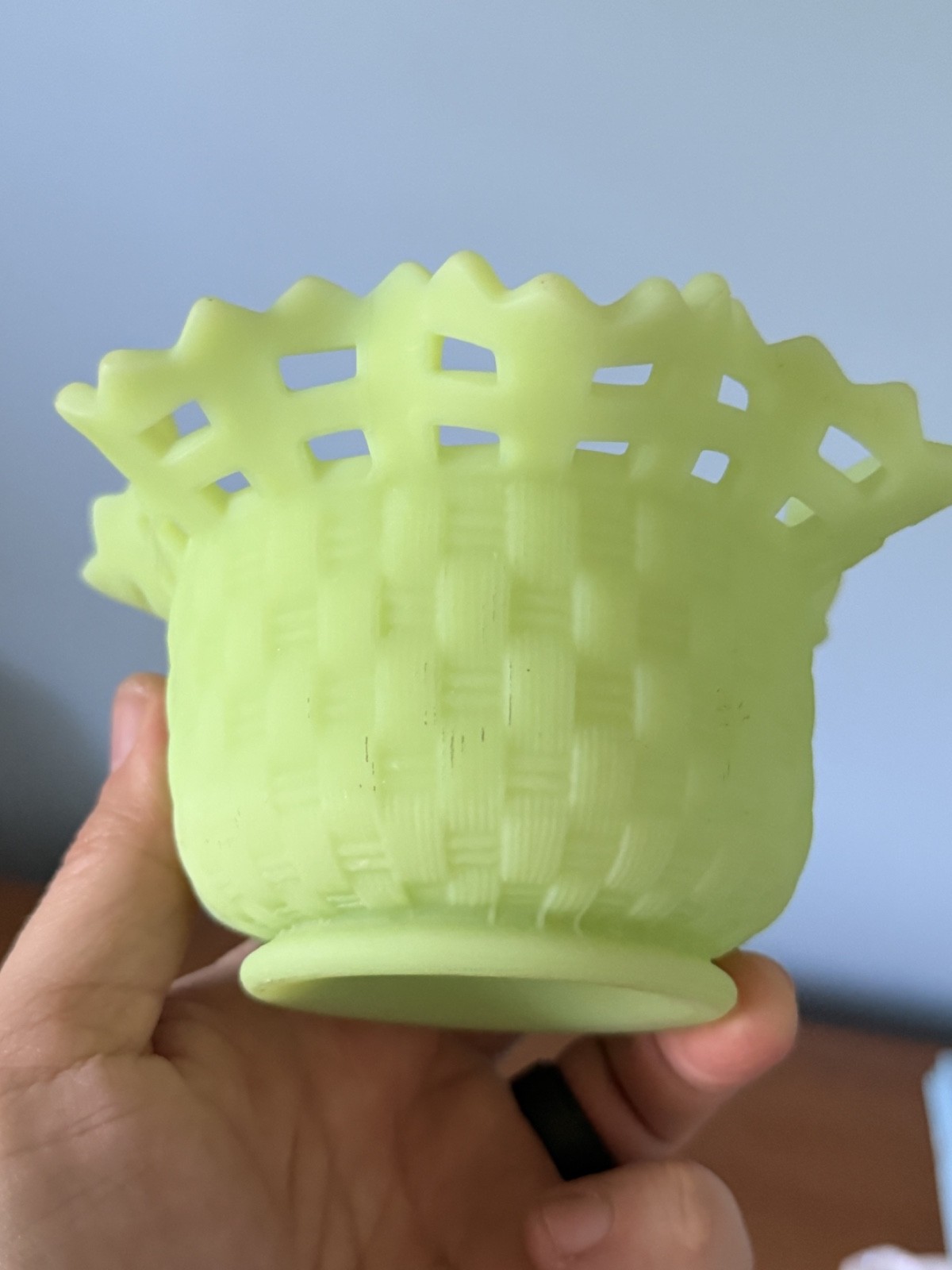 Fenton Uranium Custard Glass Basketweave Ruffled Top Bowl! Glows Beautifully!