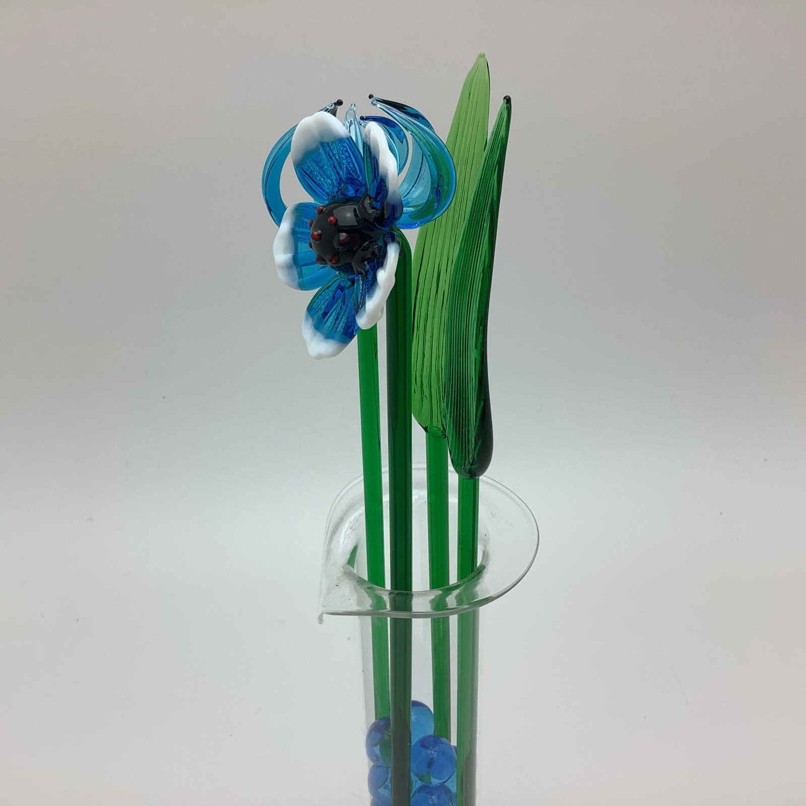 Vintage Art Glass Murano Style Blue White Flowers, 2- Leaves, Marbles & Vase
