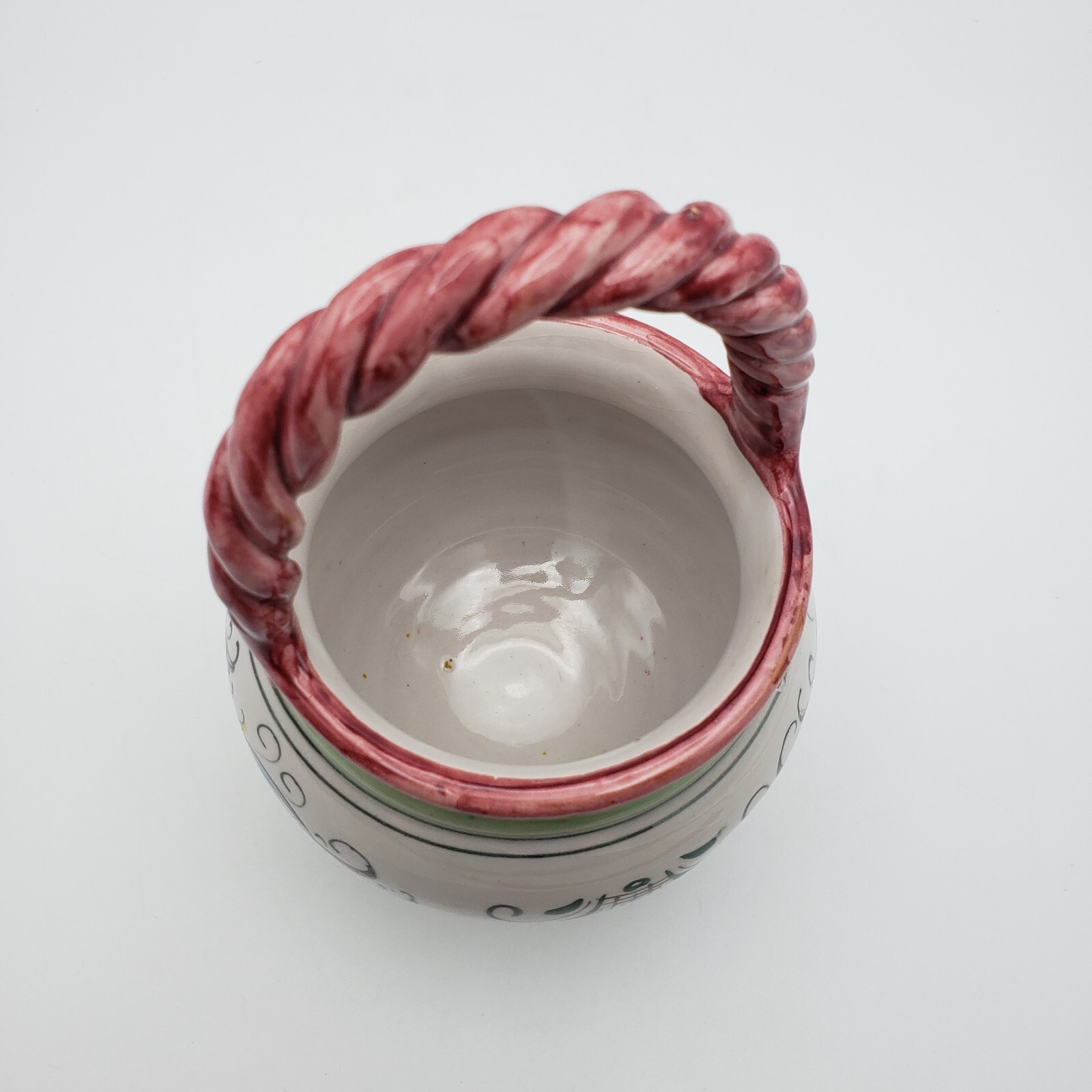 Vintage Italian Ceramic Decorative Basket w Twisted Handle Painted Winged Figure