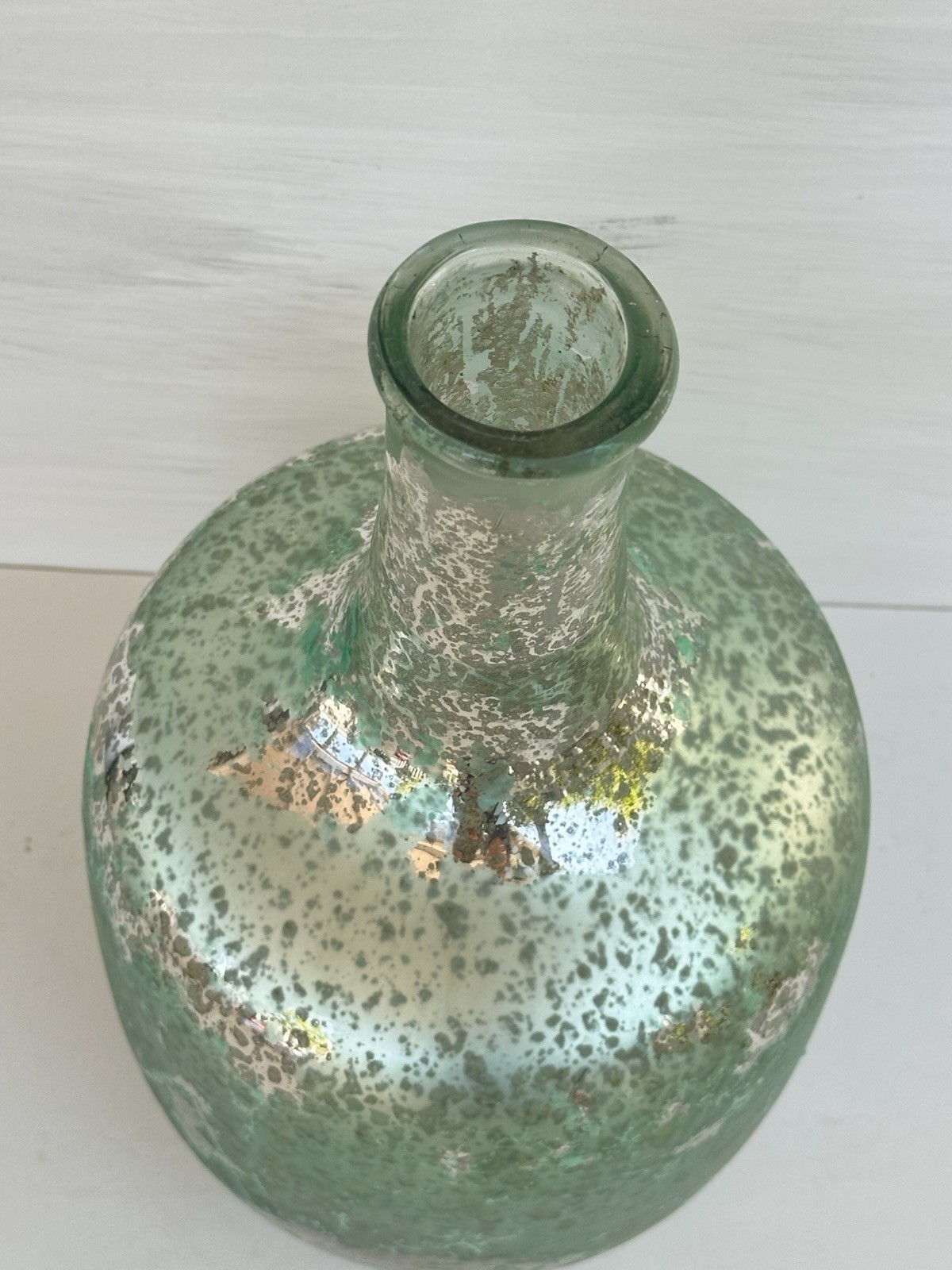 Green Distressed Glass Bottle Vase Vintage Inspired With Metal Sparkles 15” Tall
