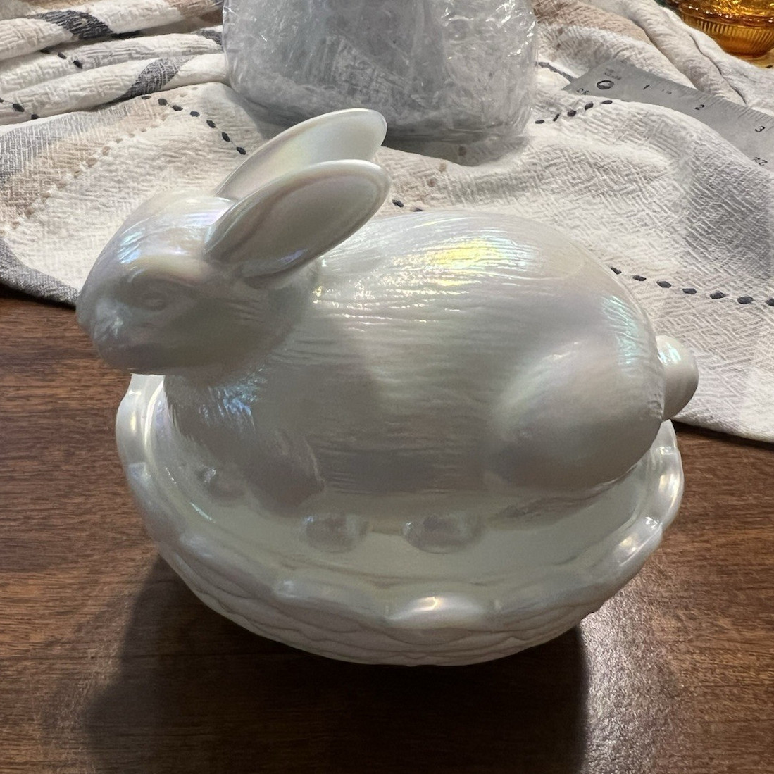 Mosser Iridescent White Milk Glass Rabbit Figurine on Basket “M” 4 Inch