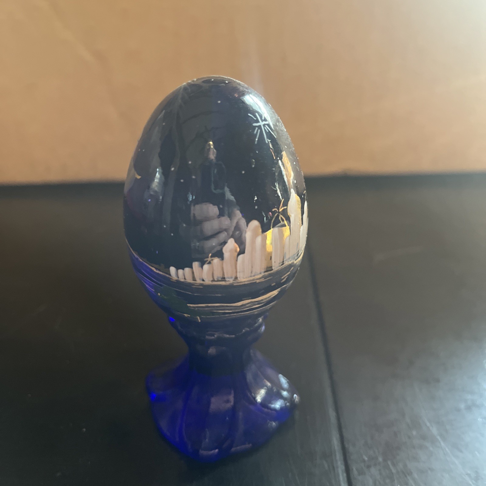 Fenton Glass Egg Cobalt Blue Three Wise Men 323/3000 Handpainted Signed