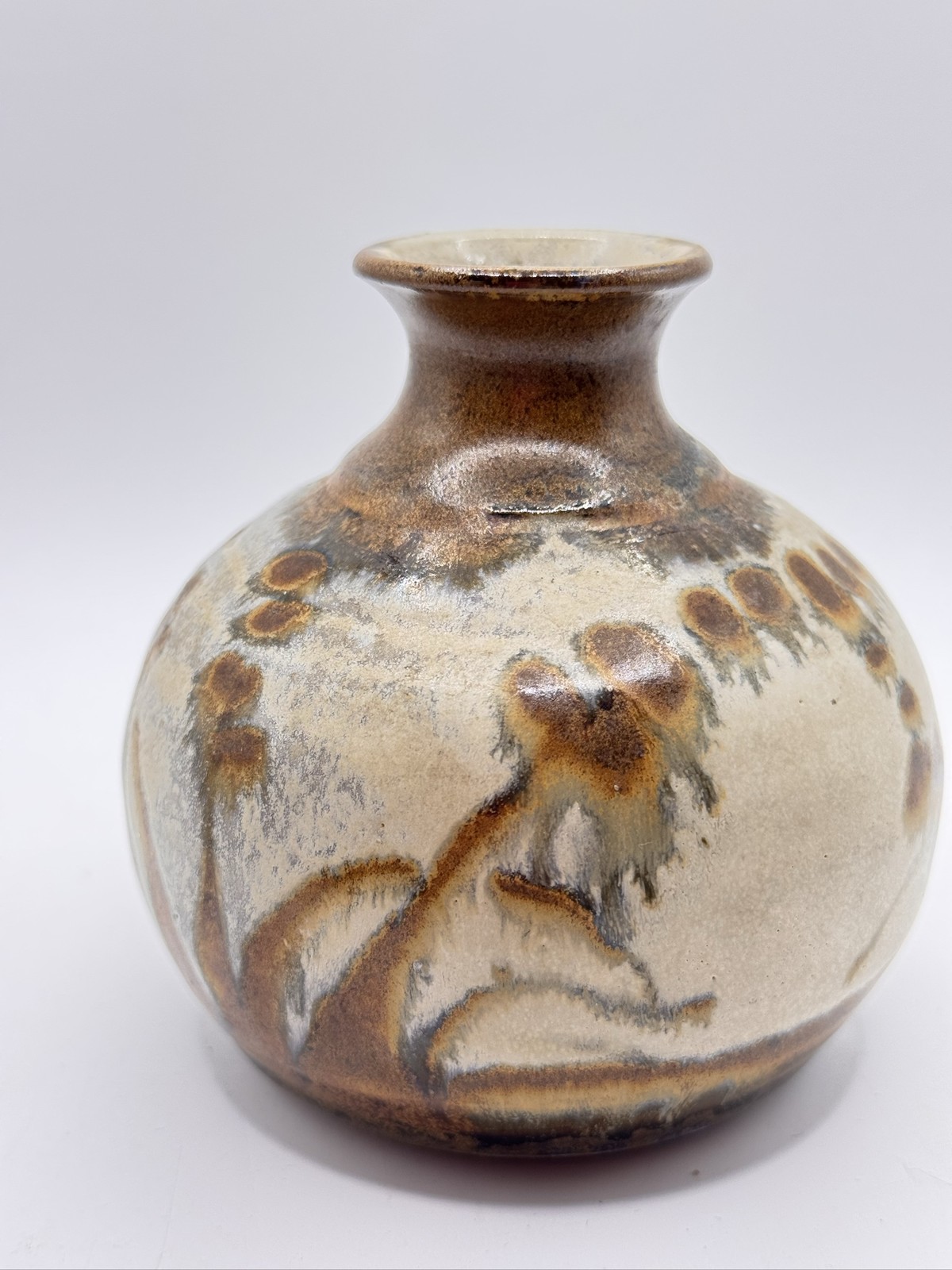 VTG Studio Art Pottery Vase Brown Beige Drip Glaze Bud Vase Handmade signed West