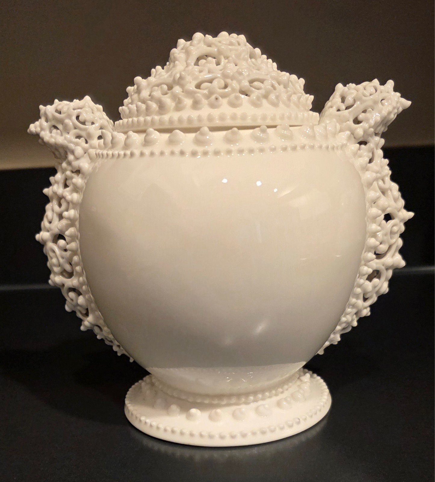 KTK Lotus Ware PERSIAN ROSE JAR Knowles Taylor FILIGREED lace raised handles