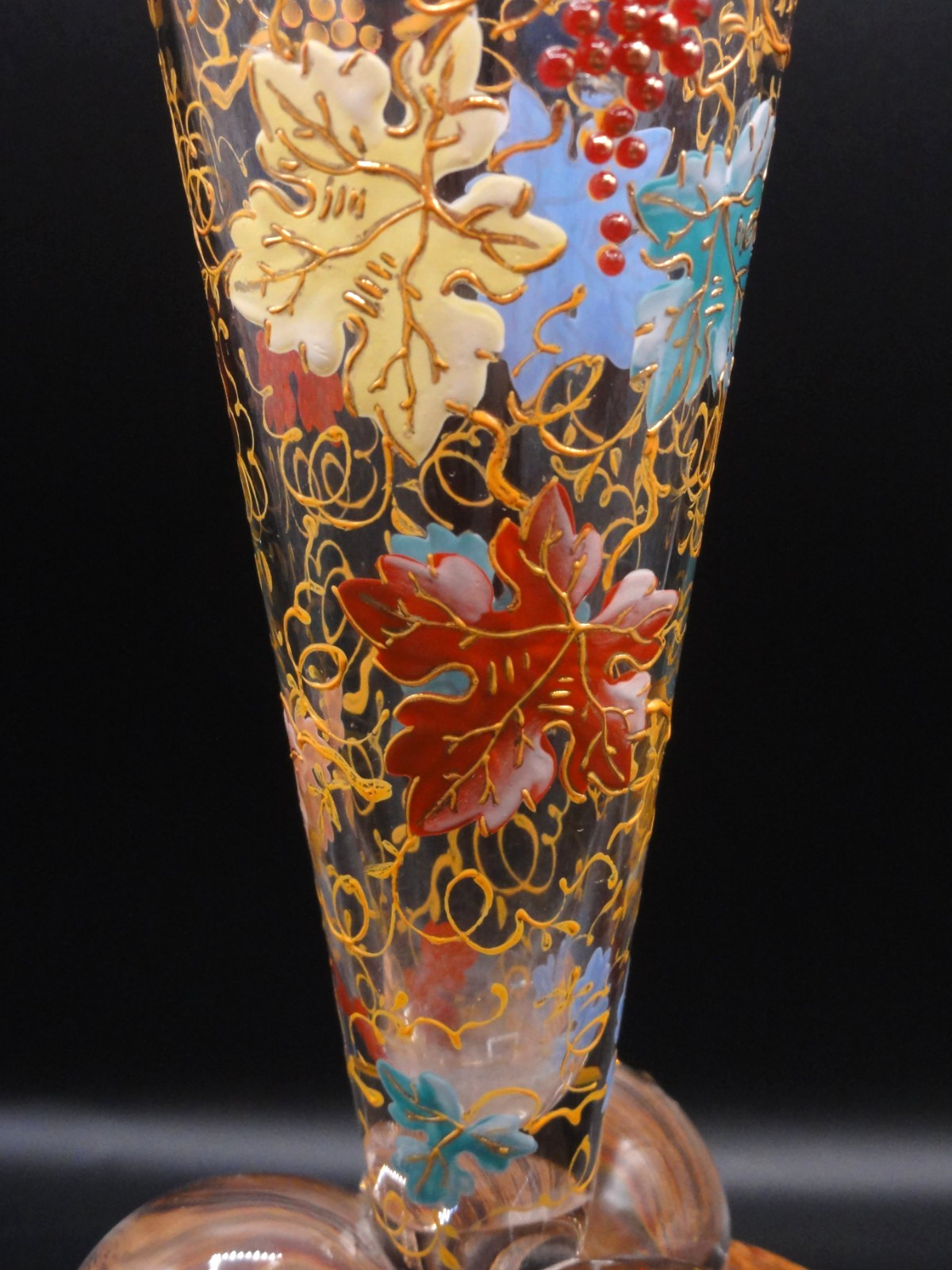 Antique Harrach Art Glass Vase w/ Moser Hand Painted Enamel + Bead Grape Leaves