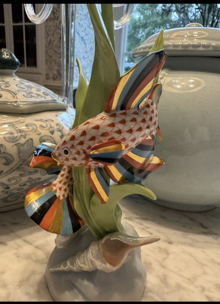 Herend Hungary Hand Painted Porcelain Fish Figurine Red Fishnet Pattern 8.5″