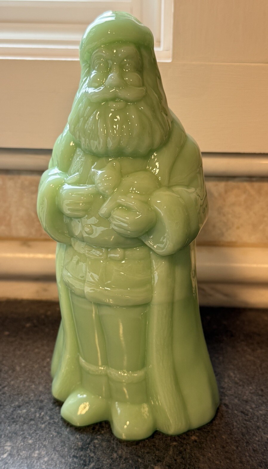 Mosser Glass Standing Santa Claus JADE JADEITE 8.5″ Figurine Fenton Mould Kitten