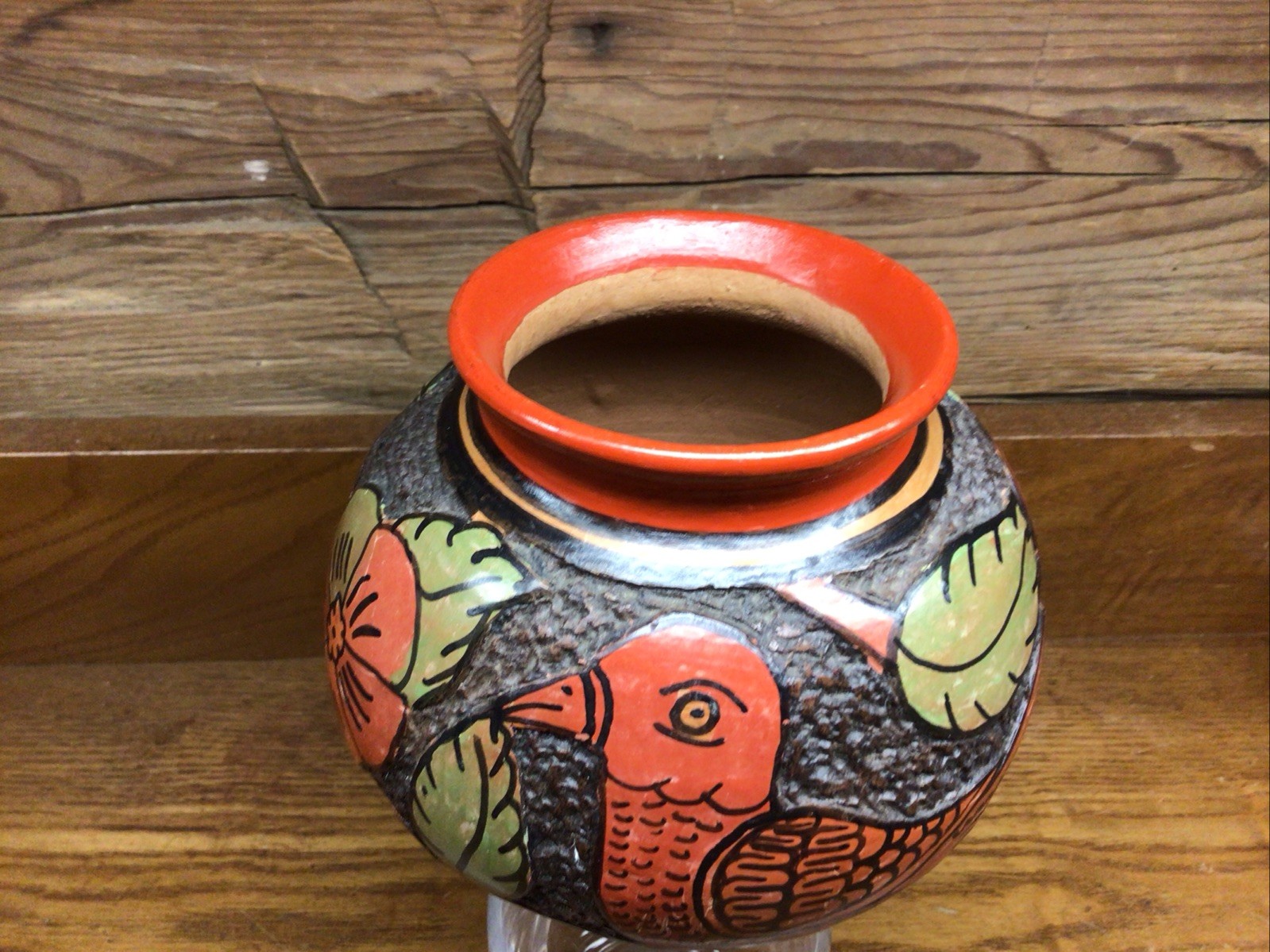 Art Pottery Nicaraguan Incised Handmade Birds & Flowers Hand Carved, Excellent!