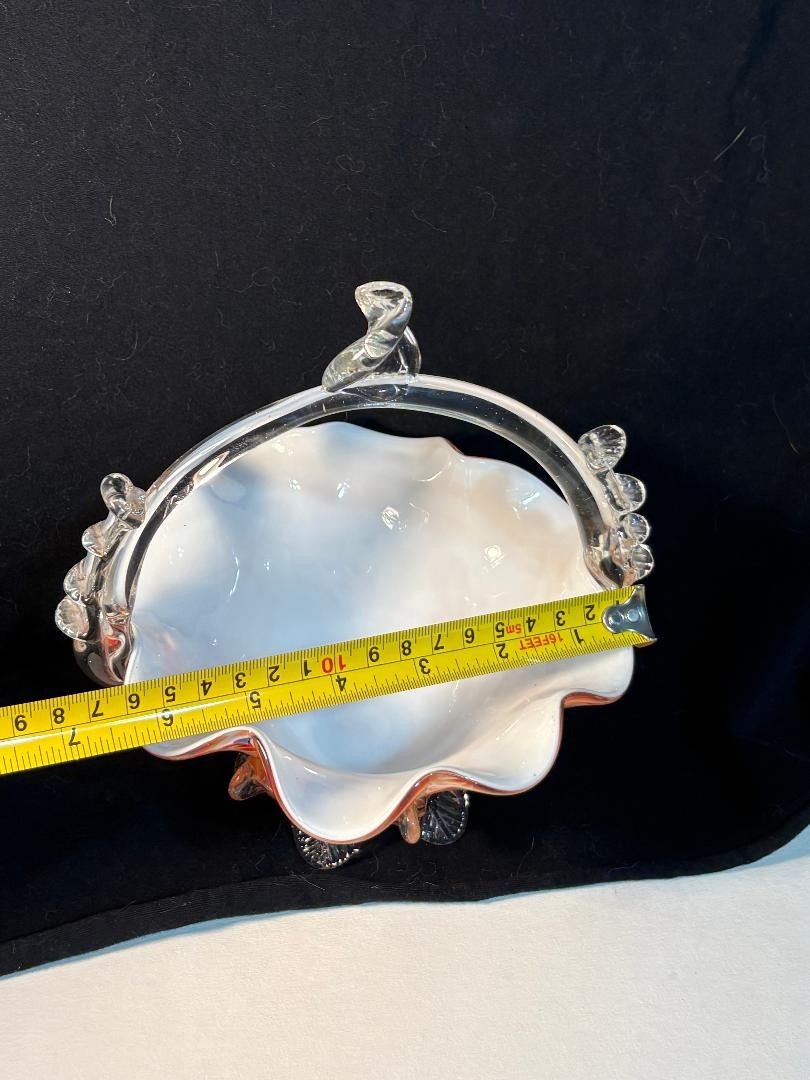 Vintage Fenton Orange Hand Blown Glass Ruffle Basket Vase with Top Handle