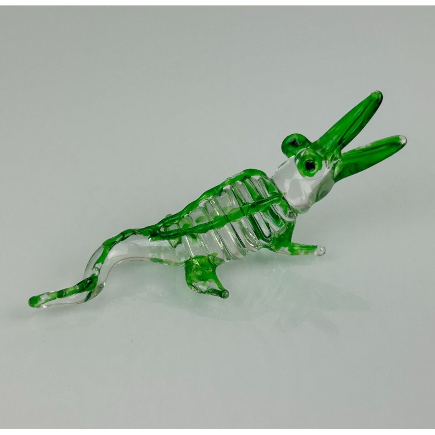 Glass Art Crocodile Alligator Figure, Miniature Clear & Green Shelf Home Decor