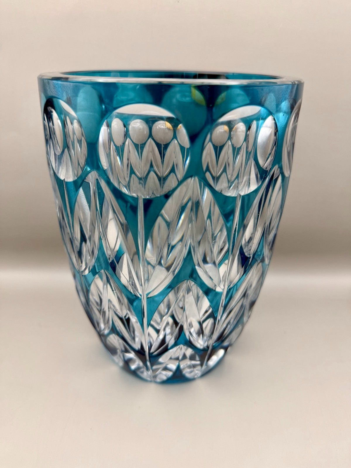 Val Saint Lambert Belgium Blue Cut Crystal Vase Overlay Glass 7.25″ Label