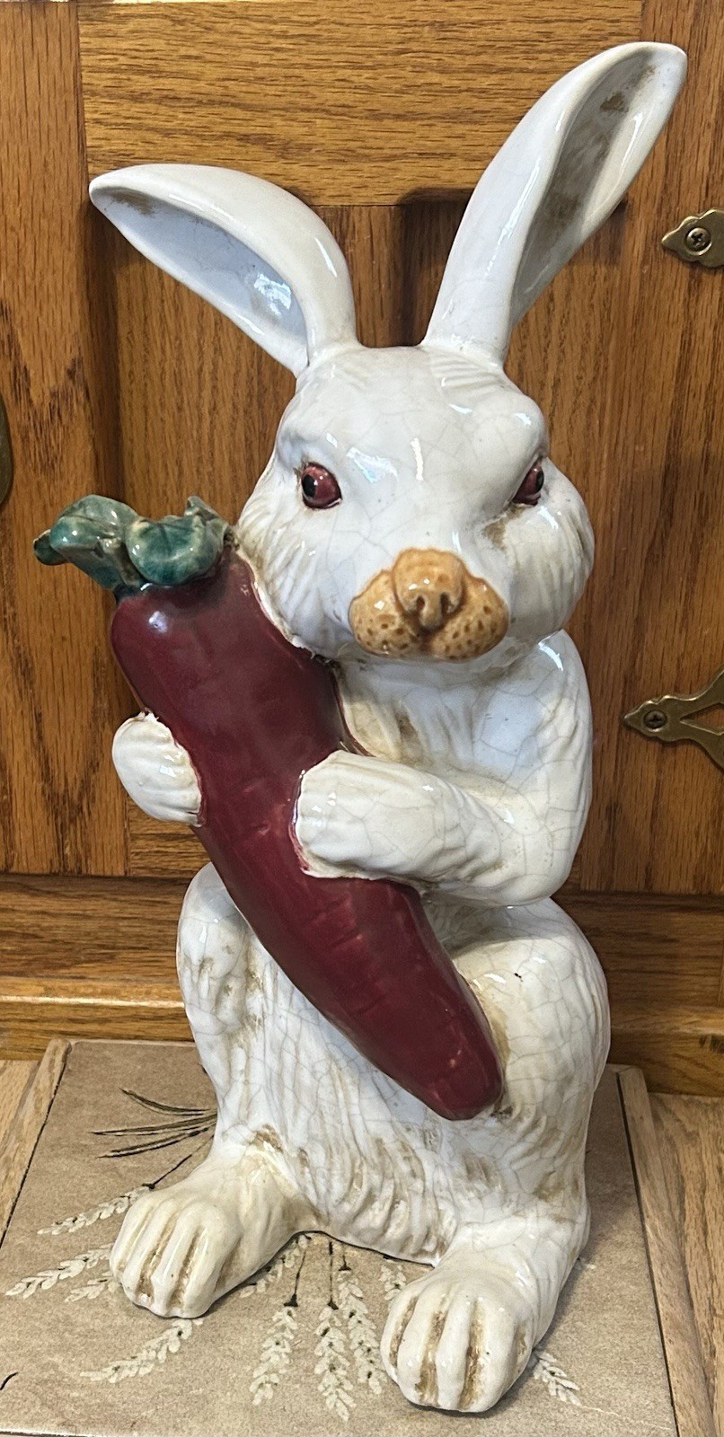 Vintage Large Majolica Rabbit Figurine Bud Vase With Red Eyes Holding Carrot
