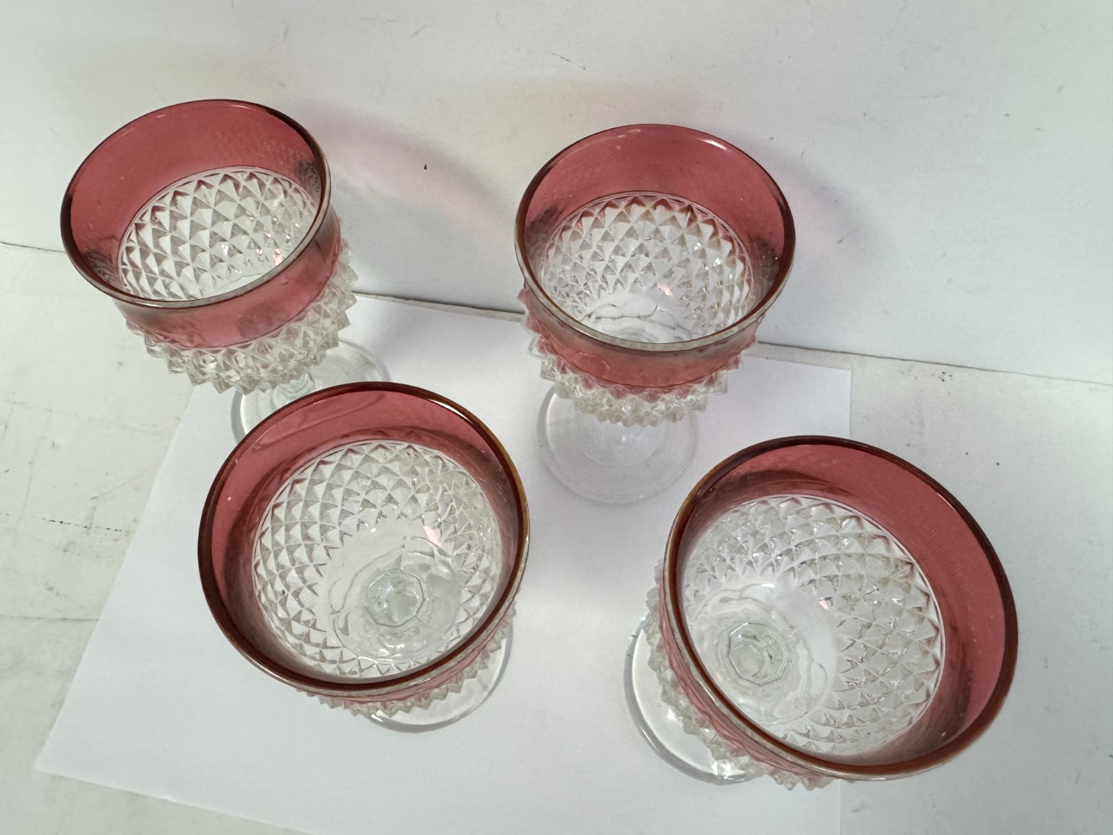 x4 LOT Vtg Indiana Glass Diamond Point Footed Goblets w/Cranberry Flash.