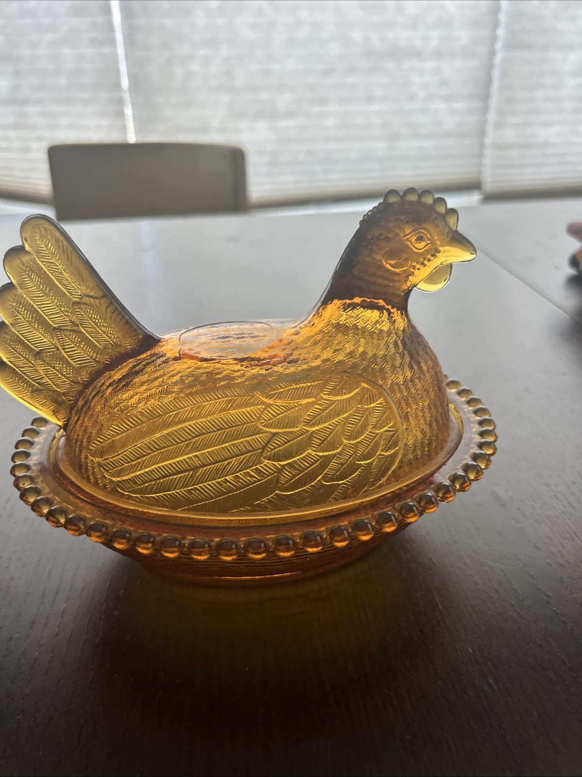 RARE VINTAGE GLASS NESTING HEN-AMBER CANDY DISH BEADED EDGE 7″. Depression Glass