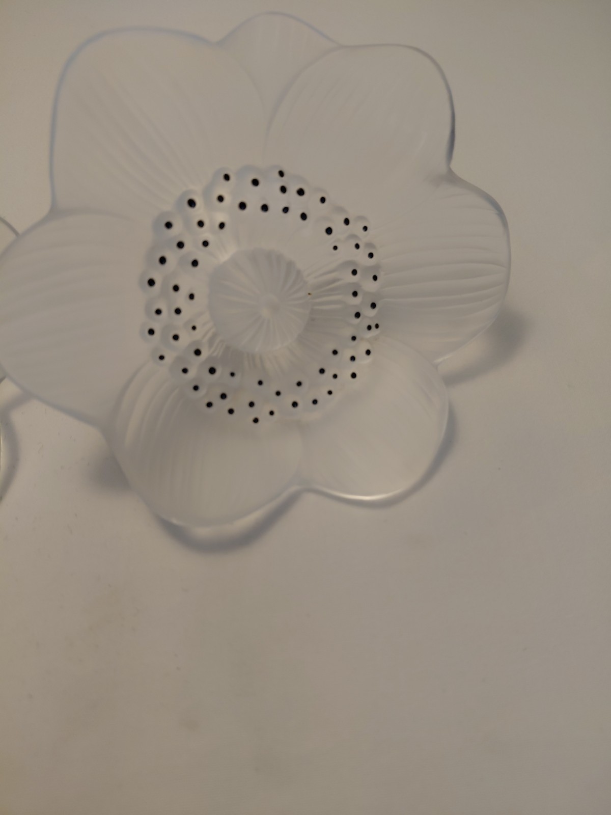 Vtg Rene Lalique Signed Frosted Crystal Anemone Floral W/Black Enamel Sculpture