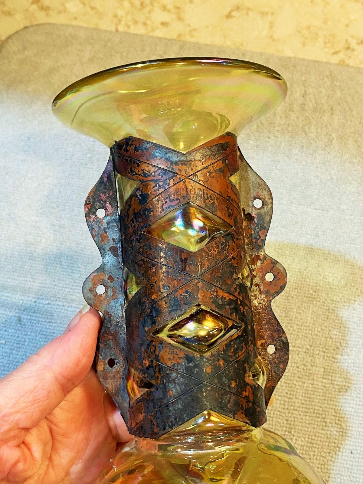 Silvestri Mouth Blown Iridescent Glass Vase Copper Cuff Brutalist Italian 10.5″