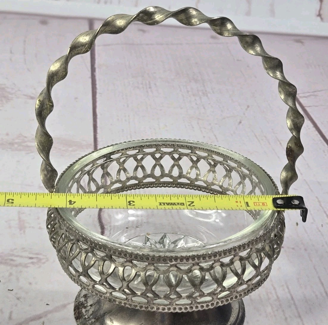 Vtg Hand Blown Candy Nut Silver Plate Glass Bowl Dish Rose Basket Twisted Handle