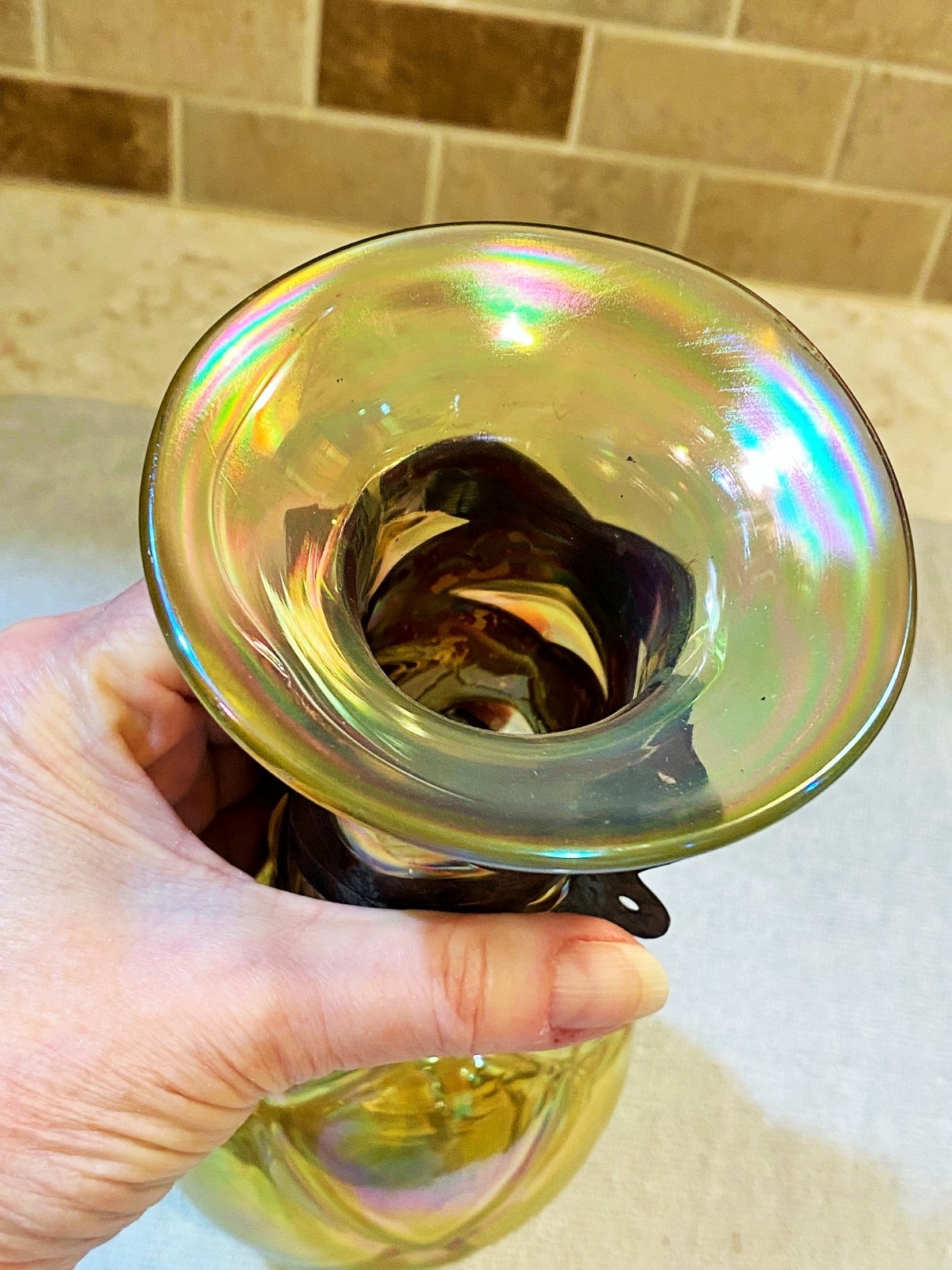 Silvestri Mouth Blown Iridescent Glass Vase Copper Cuff Brutalist Italian 10.5″