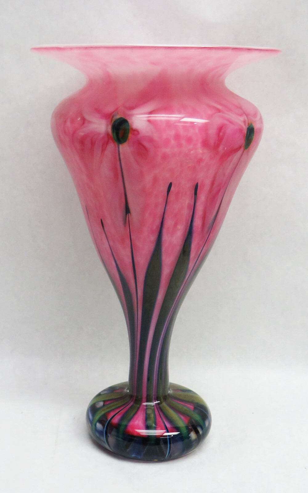ART DECO JOHN LOTTON (1993) SIGNED CAMEO MULTICOLOR ART GLASS 12 1/2″ VASE