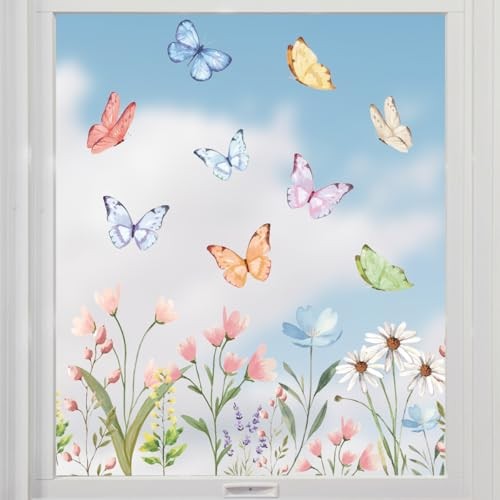50 PCS Spring Summer Window Cling Sticker, Watercolor Wild Flowers Butterfly