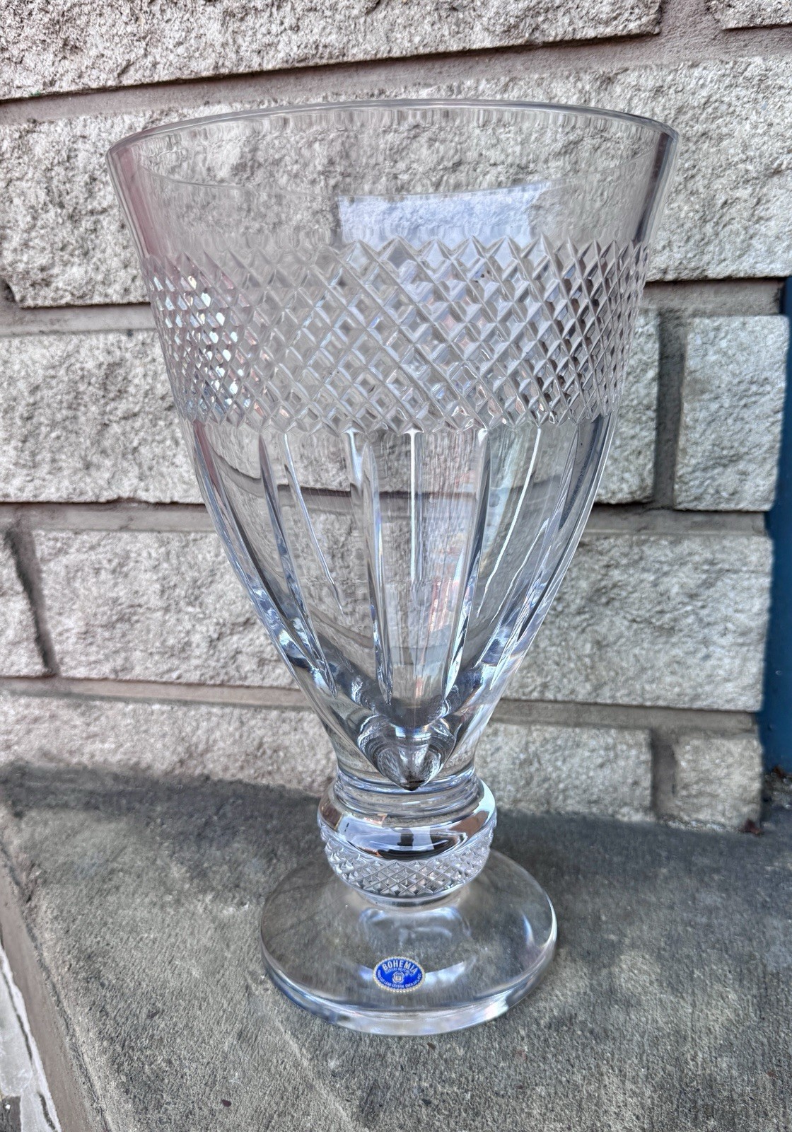 Large Heavy 12” Hand Cut Lead Crystal Pedestal Vase Centerpiece Bohemia Czech