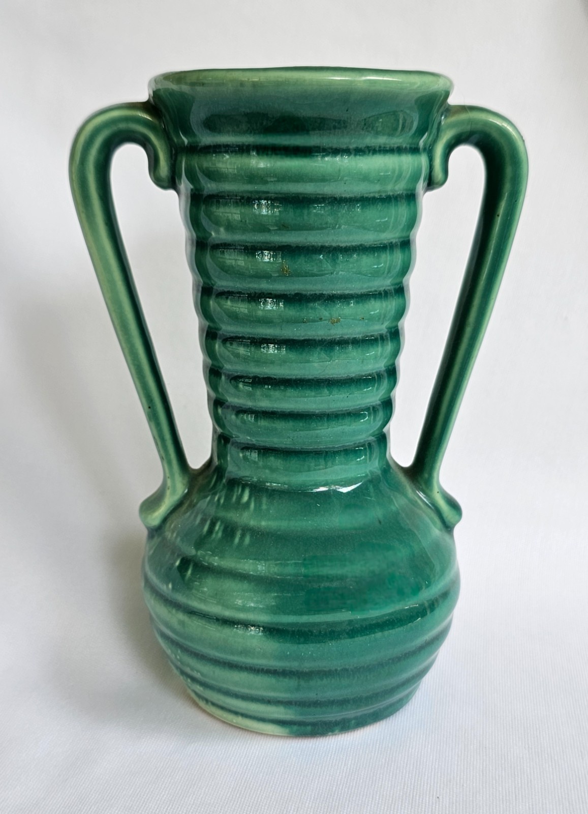 Vintage Shawnee Pottery Ringed Banded Cabinet Vase Green 5 3/8″ Tall EUC
