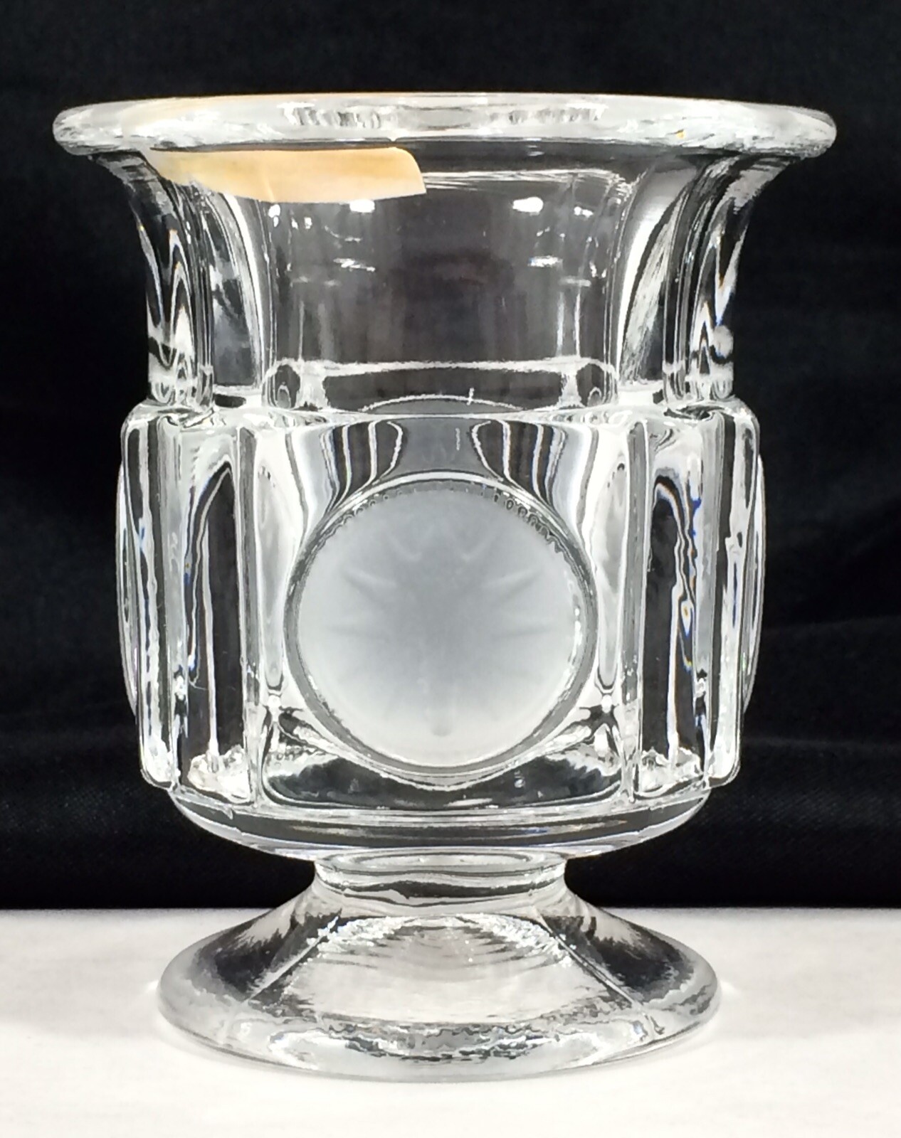 Fostoria COIN Cigarette Urn Panel Footed Frosted Eagle Torch 3 3/8″ Vtg NEW