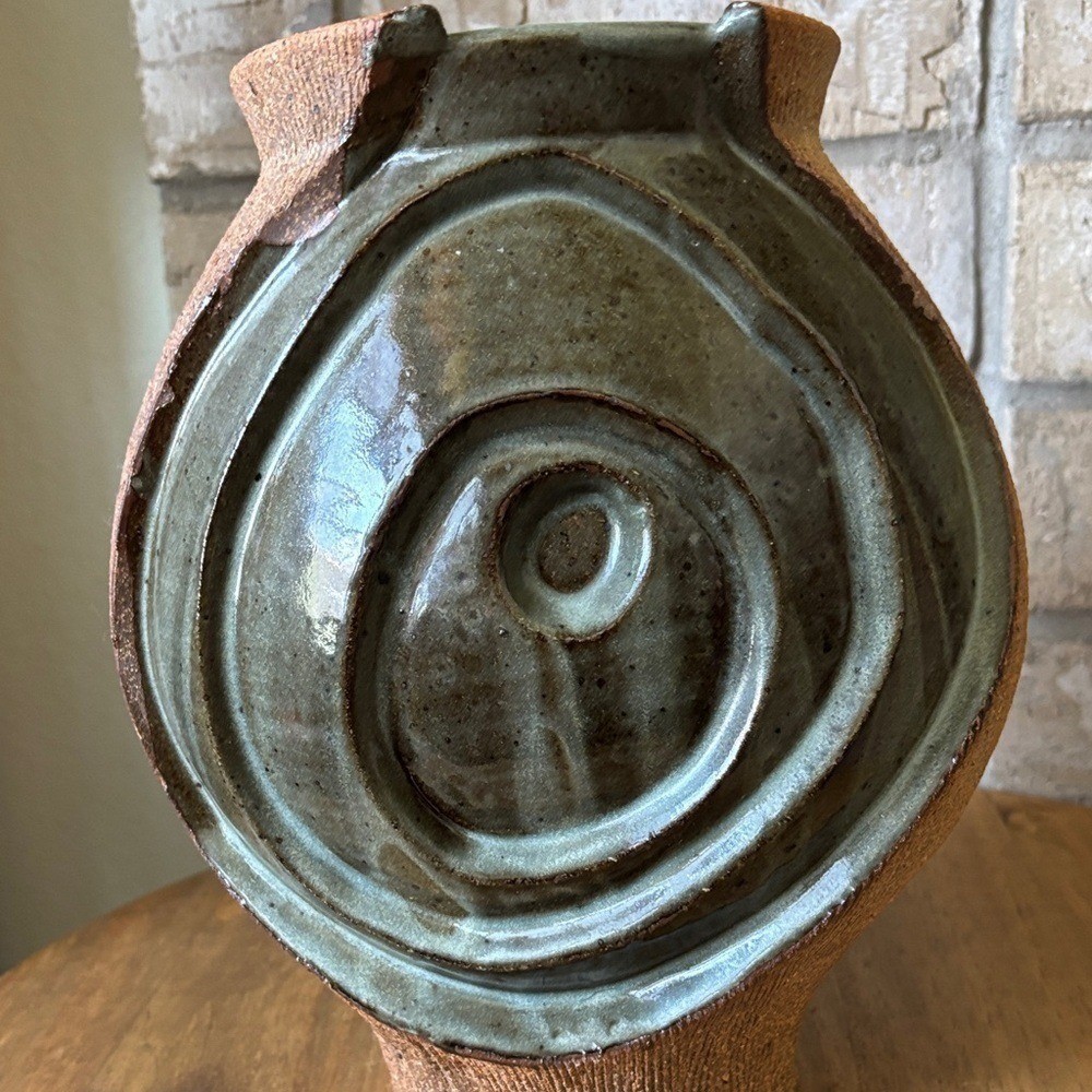 Vintage Handcrafted Green Blue Brown Swirl Pottery Vase Textured 10″