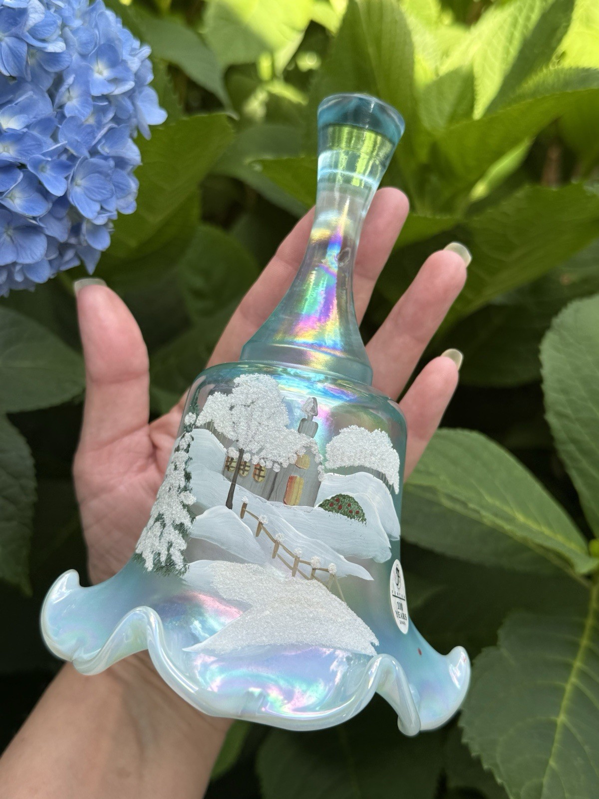 Fenton Glass Aqua Opalescent Iridescent Ruffled Bell 2005 Signed Hand Painted