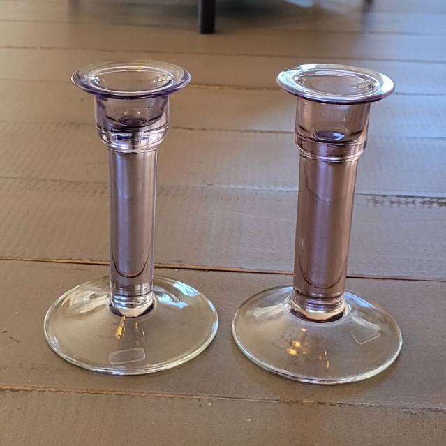 Set Of 2 Art Glass Purple/Clear Taper Candlestick Holders, Czechoslovakia