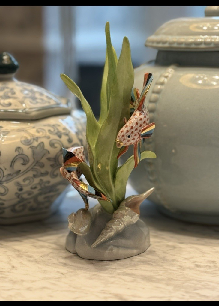 Herend Hungary Hand Painted Porcelain Fish Figurine Red Fishnet Pattern 8.5″