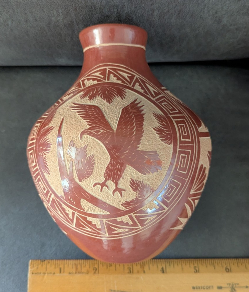 Vintage Native American Sgraffito Redware Vase by Vangie Tafoya- 6″