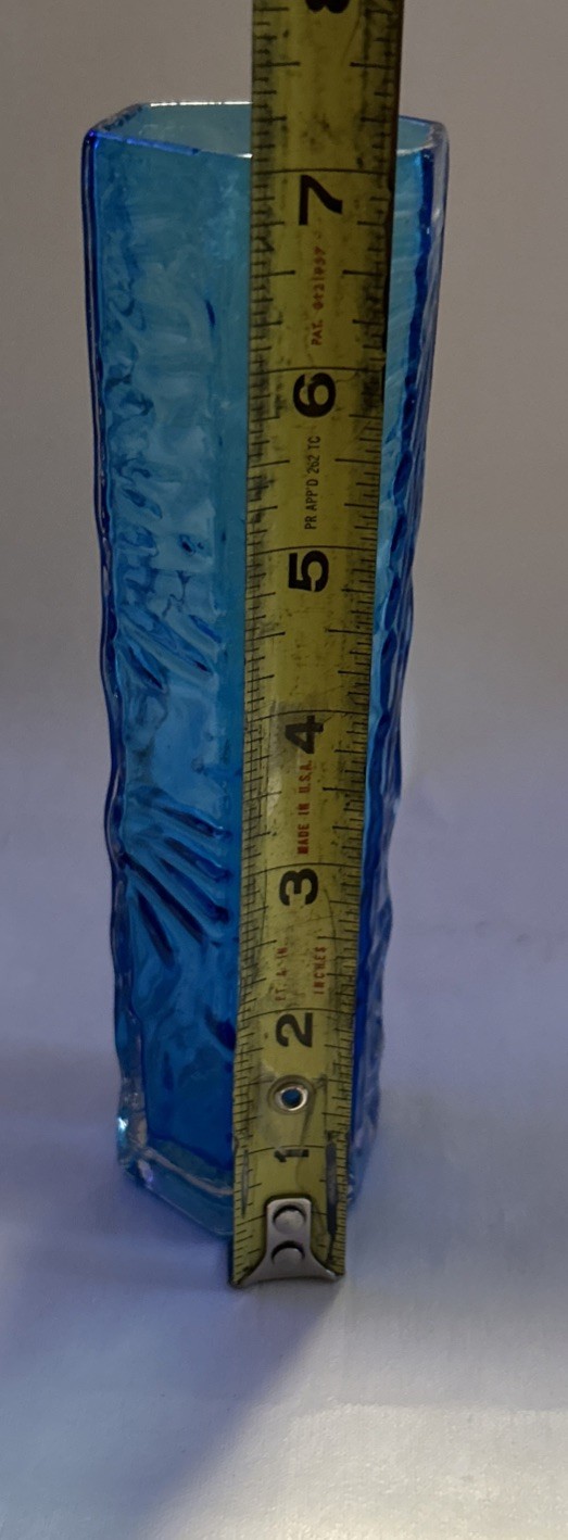 Mid Century Blue Hand Blown Vase Art Glass 6 Sided Wavy Texture MCM 7” Tall