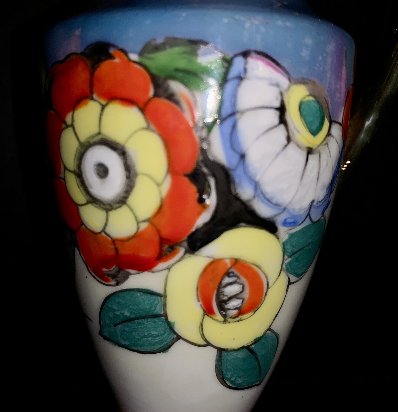 Peach Lusterware Blue Orange Floral Handled Ceramic Vase Japan Vintage
