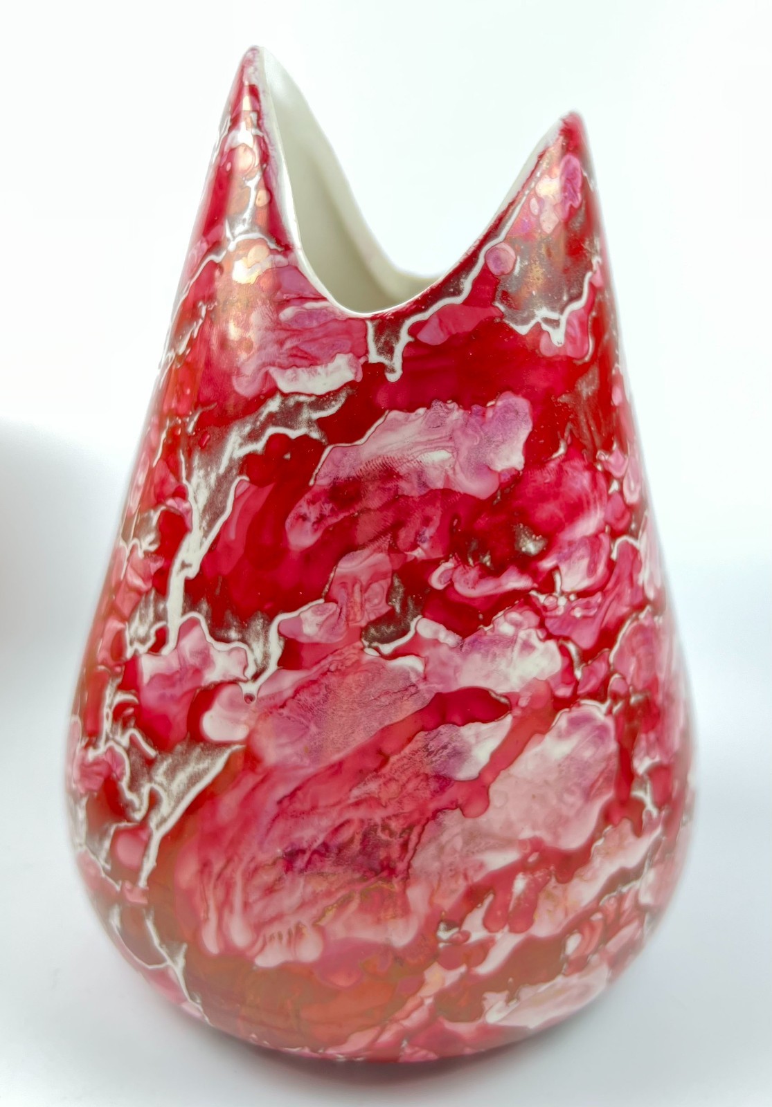 McCoy MCM ceramic vase Cascade bright elliptical red pink marbled swirl glaze EC