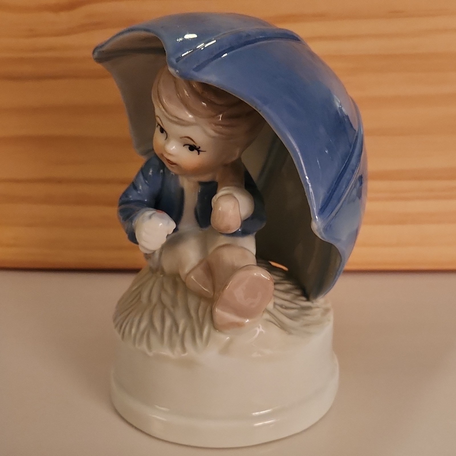 Vintage Mid Century Porcelain Boy Under Umbrella Music Box Figurine Topper ONLY