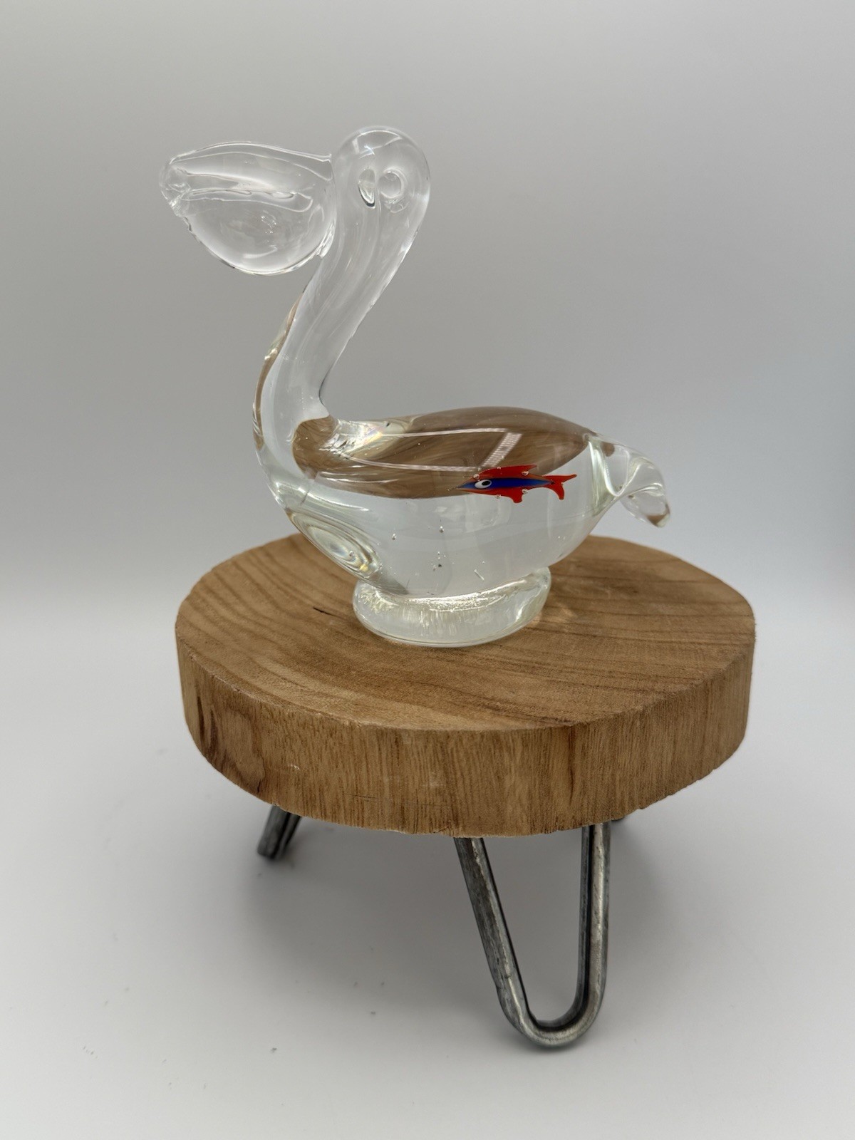Art Glass Pelican Paperweight Figurine Fish Inside Belly Handblown Vintage
